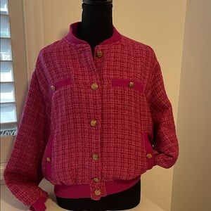 Elegant Fuchsia Tweed Bomber Jacket